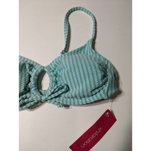 Xhilaration Bikini Top Tie front Loop Seersucker Blue Gray Stripes XS Swimsuit - Picture 3 of 11